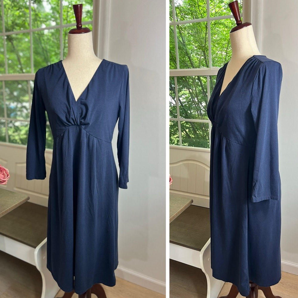 Garnet Hill Crossover Wrap Front Midi Length Navy Blue Stretchy Cotton Dress